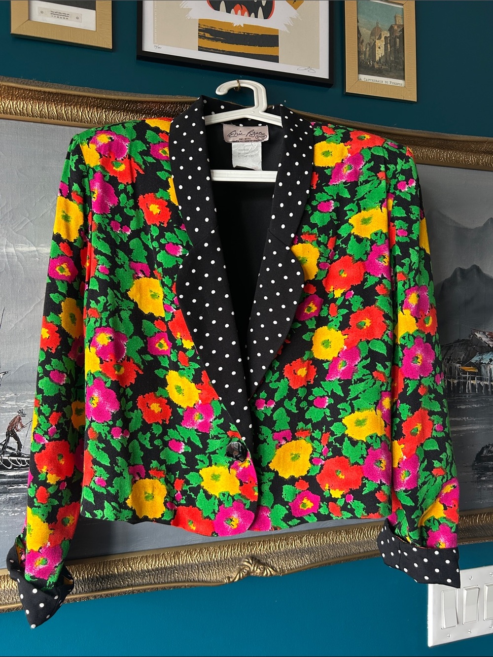 Vintage Eric Ryan Floral Blazer Cropped | Bold Polka Dot Lapel Statement Jacket